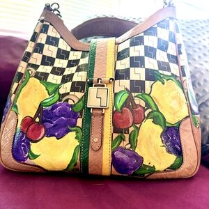 Hand-Painted Floral & Checker Shoulder Bag - Multicolor